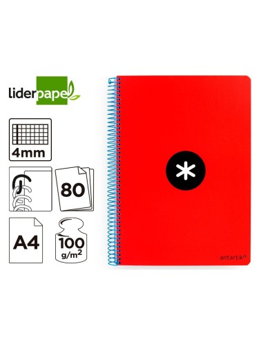 CI | Cuaderno Espiral Liderpapel A4 Antartik Tapa Dura 80H 100Gr Cuadro 4Mm Con Margen Color Rojo