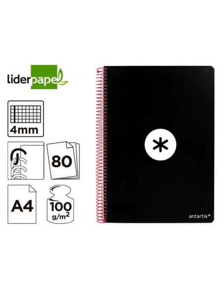CI | Cuaderno Espiral Liderpapel A4 Antartik Tapa Dura 80H 100Gr Cuadro 4Mm Con Margen Color Negro