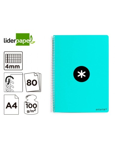 CI | Cuaderno Espiral Liderpapel A4 Antartik Tapa Dura 80H 100Gr Cuadro 4Mm Con Margen Color Menta