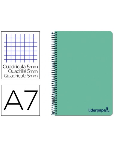 CI | Cuaderno espiral liderpapel a7 micro wonder tapa plastico 100h 90 gr cuadro 5mm 4 bandas color verde