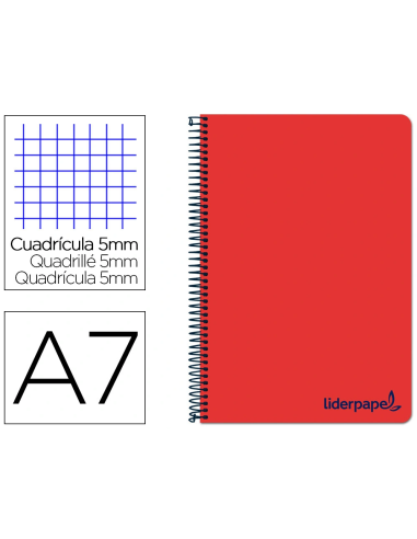 CI | Cuaderno espiral liderpapel a7 micro wonder tapa plastico 100h 90 gr cuadro 5mm 4 bandas color rojo