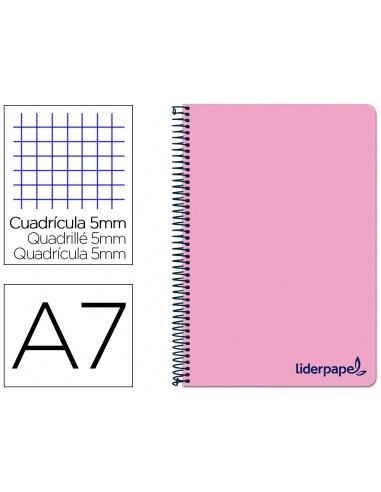 CI | Cuaderno espiral liderpapel a7 micro wonder tapa plastico 100h 90 gr cuadro 5mm 4 bandas color rosa