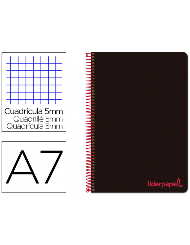 CI | Cuaderno espiral liderpapel a7 micro wonder tapa plastico 100h 90 gr cuadro 5mm 4 bandas color negro