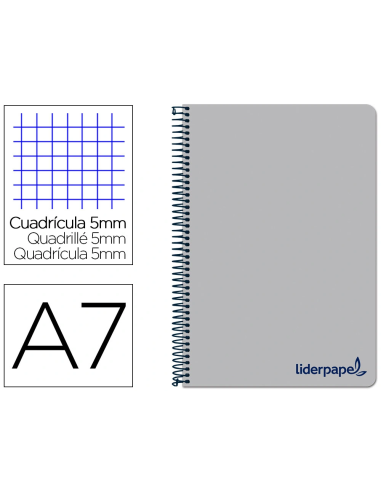 CI | Cuaderno espiral liderpapel a7 micro wonder tapa plastico 100h 90 gr cuadro 5mm 4 bandas color gris