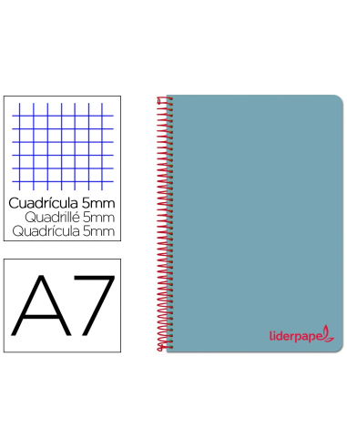 CI | Cuaderno espiral liderpapel a7 micro wonder tapa plastico 100h 90 gr cuadro 5mm 4 bandas color celeste