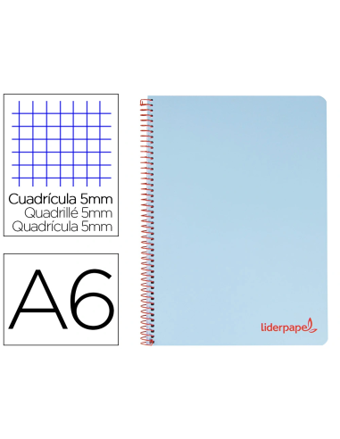 CI | Cuaderno espiral liderpapel a6 micro wonder tapa plastico 120h 90 gr cuadro 5mm 4 bandas color celeste