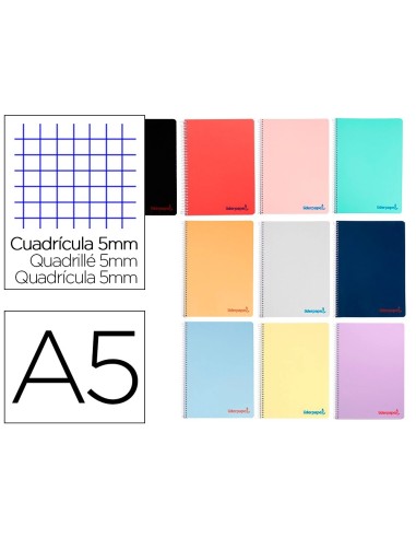 CI | Cuaderno Espiral Liderpapel A5 Wonder Tapa Plastico 80H 90Gr Cuadro 5Mm Con Margen Colores Surtidos