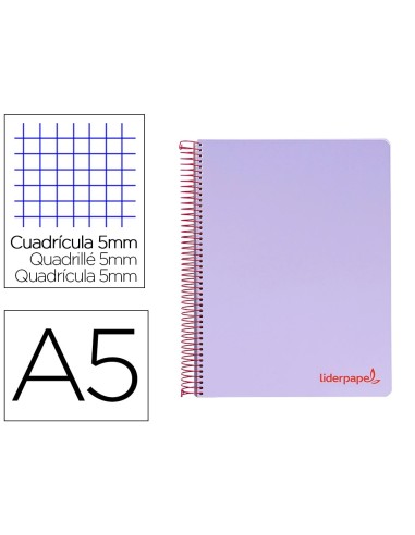 CI | Cuaderno espiral liderpapel a5 micro wonder tapa plastico 120h 90g cuadro 5mm 5 bandas 6 taladros color violeta