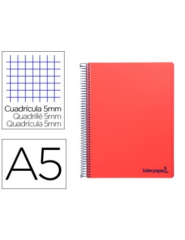 CI | Cuaderno espiral liderpapel a5 micro wonder tapa plastico 120h 90g cuadro 5mm 5 bandas 6 taladros color rojo