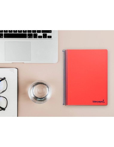 CI | Cuaderno espiral liderpapel a5 micro wonder tapa plastico 120h 90g cuadro 5mm 5 bandas 6 taladros color rojo