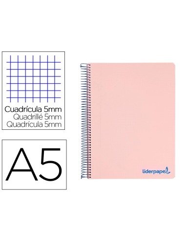 CI | Cuaderno espiral liderpapel a5 micro wonder tapa plastico 120h 90g cuadro 5mm 5 bandas 6 taladros color rosa