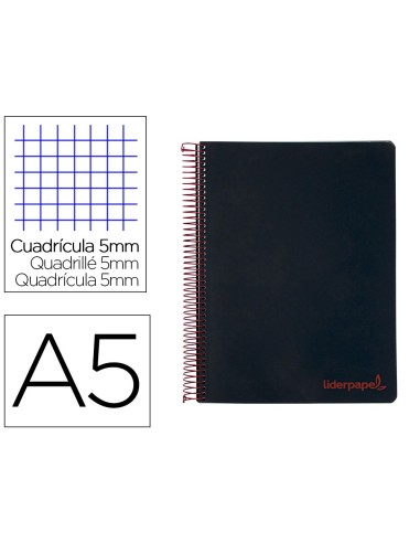 CI | Cuaderno espiral liderpapel a5 micro wonder tapa plastico 120h 90g cuadro 5mm 5 bandas 6 taladros color negro