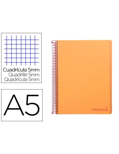 CI | Cuaderno espiral liderpapel a5 micro wonder tapa plastico 120h 90g cuadro 5mm 5 bandas 6 taladros color naranja