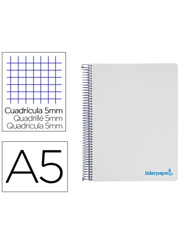 CI | Cuaderno espiral liderpapel a5 micro wonder tapa plastico 120h 90g cuadro 5mm 5 bandas 6 taladros color gris