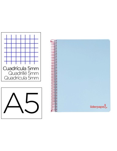 CI | Cuaderno espiral liderpapel a5 micro wonder tapa plastico 120h 90g cuadro 5mm 5 bandas 6 taladros color celeste