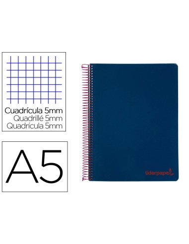 CI | Cuaderno espiral liderpapel a5 micro wonder tapa plastico 120h 90g cuadro 5mm 5 bandas 6 taladros color azul marino