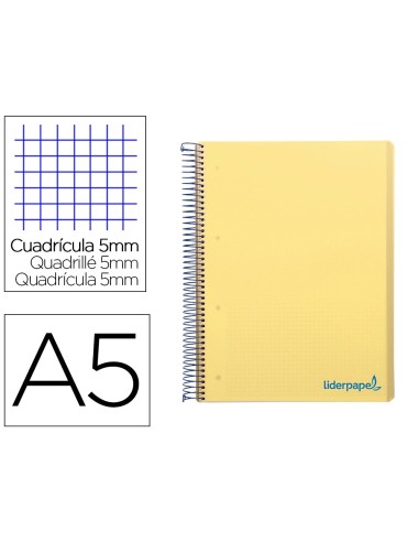 CI | Cuaderno espiral liderpapel a5 micro wonder tapa plastico 120h 90g cuadro 5mm 5 bandas 6 taladros color amarillo