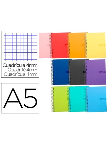 CI | Cuaderno espiral liderpapel a5 crafty tapa forrada 80h 90 gr cuadro 4 mm con margen colores surtidos