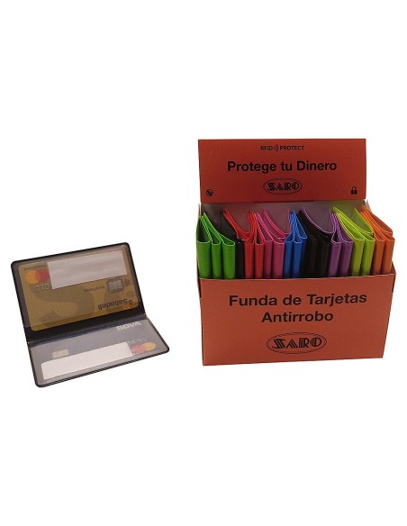 CI | Funda portatarjetas saro antirrobo datos doble cara capacidad 4 tarjetas colores surtidos 65 x 95 mm