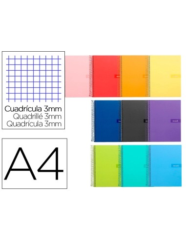 CI | Cuaderno espiral liderpapel a4 crafty tapa forrada 80h 90 gr cuadro 3 mm con margen colores surtidos