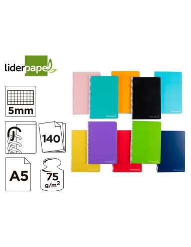 CI | Cuaderno espiral liderpapel a5 micro witty tapa dura 140h 75gr cuadro 5mm 5 bandas 6 taladros colores surtidos