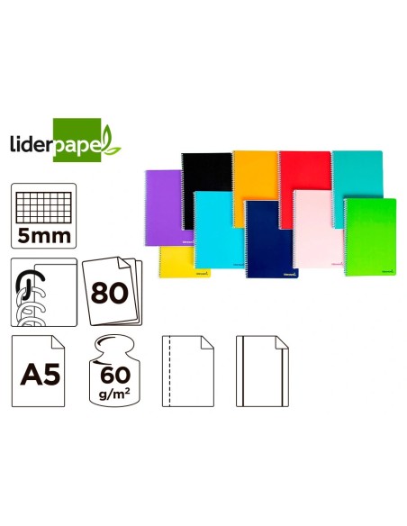CI | Cuaderno espiral liderpapel a5 micro smart tapa blanda 80h60gr cuadro 5mm 6 taladros colores surtidos