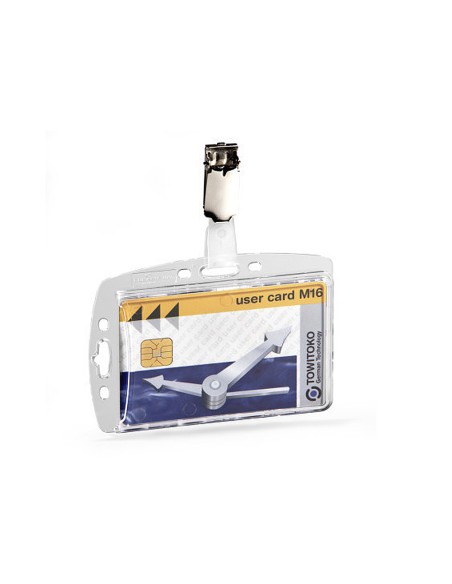 CI | Identificador con pinza giratoria durable acrilico horizontal con uñero para pases de seguridad 54x85 mm