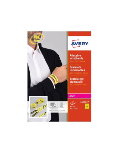 CI | Pulsera identificativa avery polietileno amarillo fluorescente imprimible laser 265x18 mm pack de 50 unidades