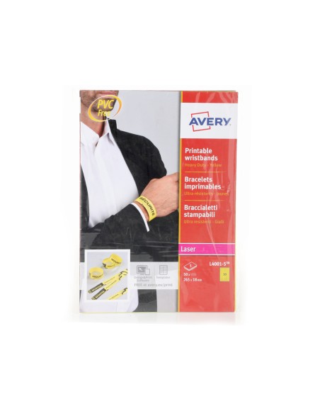 CI | Pulsera identificativa avery polietileno amarillo fluorescente imprimible laser 265x18 mm pack de 50 unidades