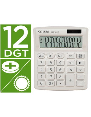 CI | Calculadora citizen sobremesa sdc-812nrwhe eco eficiente solar y a pilas 12 digitos 124x102x25 mm blanco