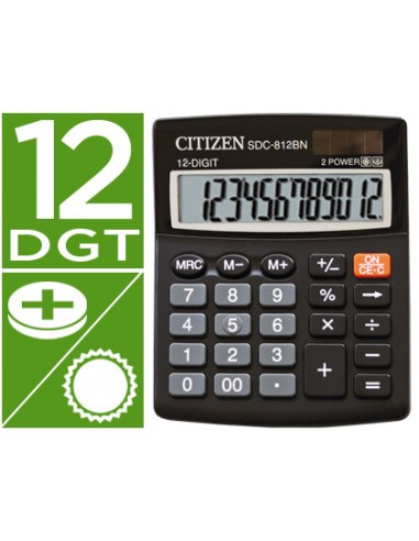 CI | Calculadora citizen sobremesa sdc-812 bn eco eficiente solar y a pilas 12 digitos 124 x 102 x 25 mm negro