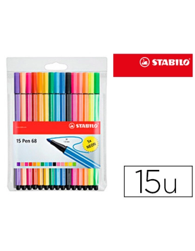 CI | Rotulador stabilo acuarelable pen 68 estuche de 10 colores estandar + 5 colores neon