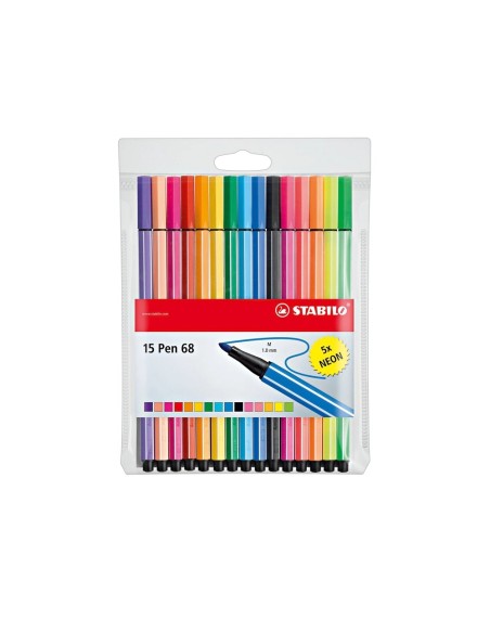 CI | Rotulador stabilo acuarelable pen 68 estuche de 10 colores estandar + 5 colores neon