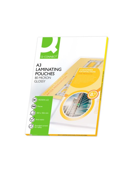 CI | Bolsa de plastificar q-connect 303 x 426 mm 80 mc din a3 caja de 100 unidades