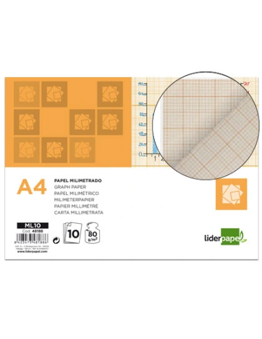 CI | Papel dibujo liderpapel 210x297mm 80g/m2 milimetrado pack de 10