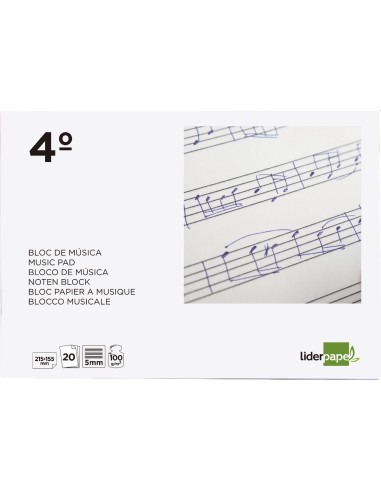 CI | Bloc musica liderpapel pentagrama 5mm cuarto 20 hojas 100g/m2 grapado