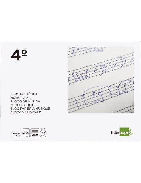 CI | Bloc musica liderpapel pentagrama 5mm cuarto 20 hojas 100g/m2 grapado