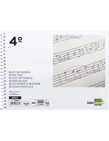 CI | Bloc musica liderpapel combi pentagrama cuadriculado 2,5mm cuarto 20 hojas 100g/m2