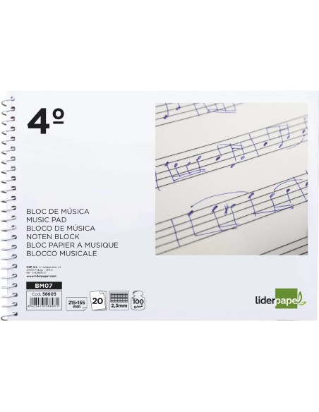 CI | Bloc musica liderpapel combi pentagrama cuadriculado 2,5mm cuarto 20 hojas 100g/m2