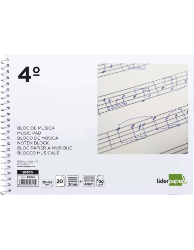 CI | Bloc musica liderpapel combi pentagrama 3mm mas cuadricula de 4mm para anotaciones cuarto20 hojas 100g/m2