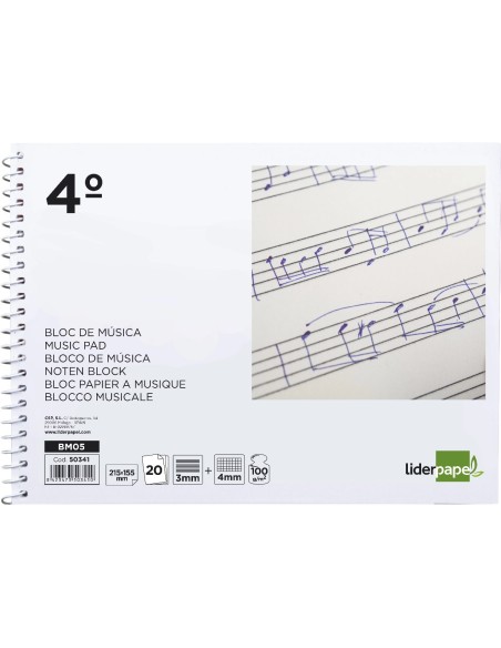 CI | Bloc musica liderpapel combi pentagrama 3mm mas cuadricula de 4mm para anotaciones cuarto20 hojas 100g/m2