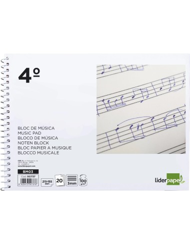 CI | Bloc musica liderpapel pentagrama 3mm cuarto 20 hojas 100g/m2