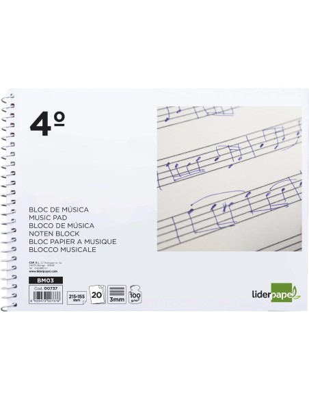 CI | Bloc musica liderpapel pentagrama 3mm cuarto 20 hojas 100g/m2