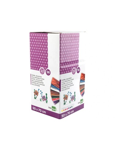 CI | Papel celofan liderpapel 50x70 expositor 56 bolsas de 5 hojas 8 colores surtidos