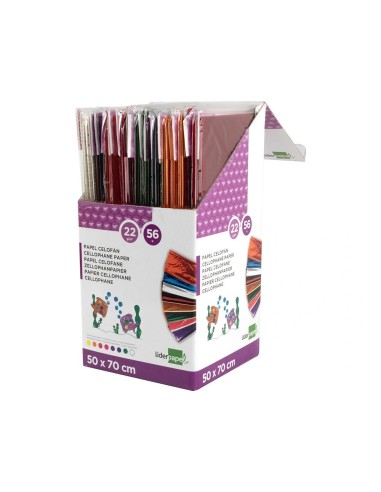 CI | Papel celofan liderpapel 50x70 expositor 56 bolsas de 5 hojas 8 colores surtidos
