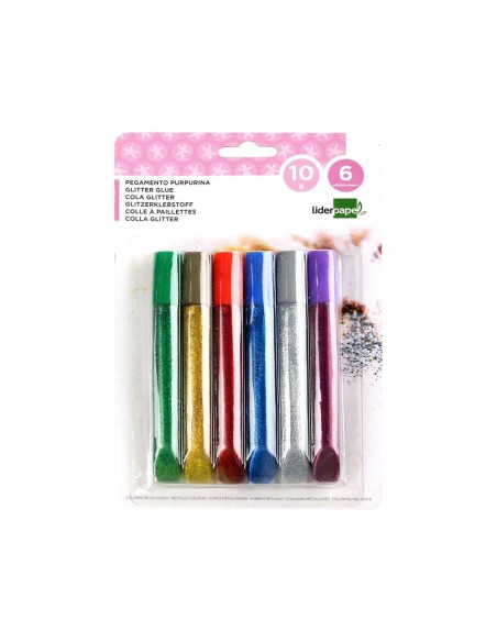 CI | Purpurina pegamento liderpapel fantasia colores metalicos blister de 6 unidades de 10 gr