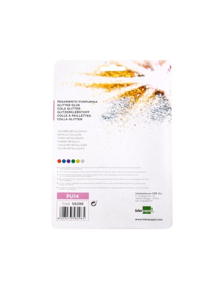 CI | Purpurina pegamento liderpapel fantasia colores metalicos blister de 6 unidades de 10 gr