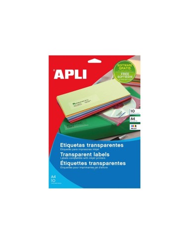 CI | Etiquetas adhesivas apli transparentes poliester para impresora ink-jet 210x297 mm presentadas en carpetas de 10