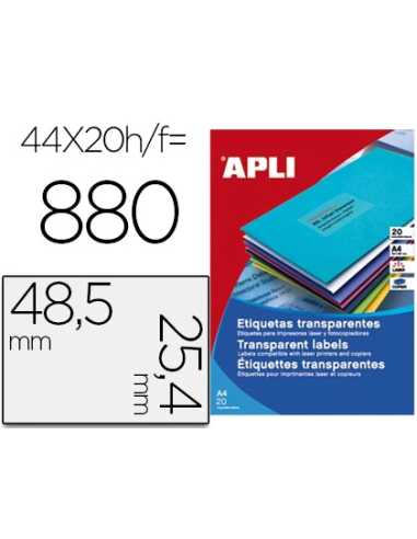 CI | Etiqueta adhesiva apli transparente 48,5x25,4 mm fotocopia laser inkjet caja 20 hojas din a4 con 880