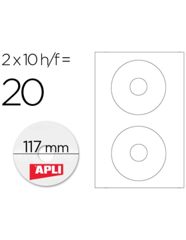 CI | Etiqueta adhesiva apli 10603 tamaño cd-rom 117 mm para fotocopiadora laser ink-jet caja con 10 hojas/20 etiquetas